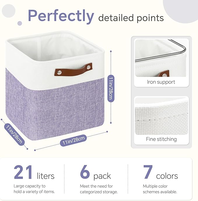FinishingBo Cube Storage Baskets 6 Pack, 11x11 inch Cube Storage Bins with Leather Handles for Shelf Closet (White/ Purple)