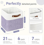 FinishingBo Cube Storage Baskets 6 Pack, 11x11 inch Cube Storage Bins with Leather Handles for Shelf Closet (White/ Purple)