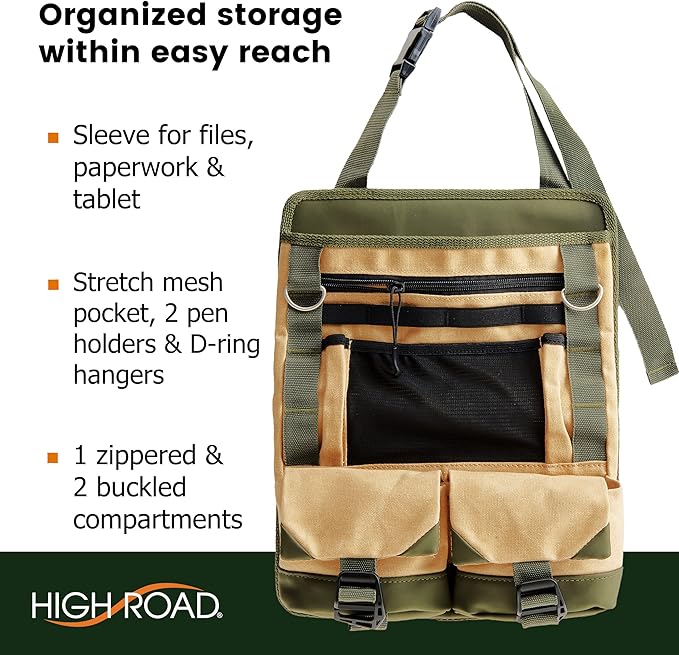 High Road Cotton Canvas Front Seat Organizer with Tablet and File Compartments, 9-pocket Car Office Passenger Seat Organizer