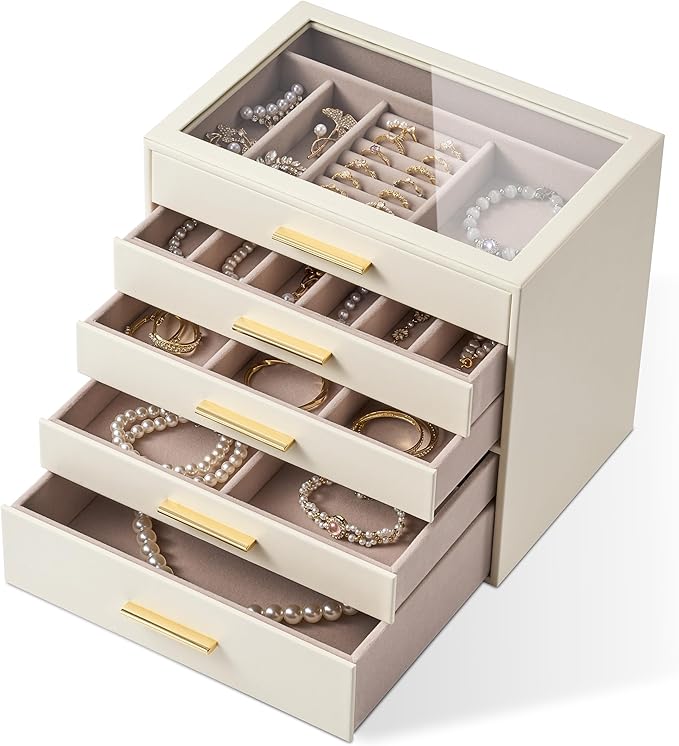 pickpiff Jewelry Box Organizer Case for Women: 5-Layer Jewelry Storage Case with Glass Window, Ivory Leather with Pink Velvet