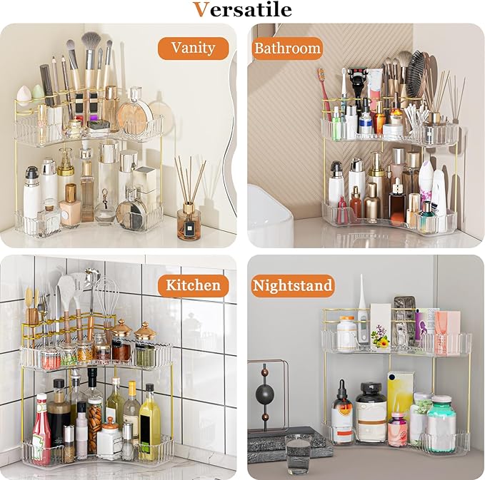 Webetop Corner Makeup Organizer for Vanity, 2 Tier Bathroom Cosmetics Organizer Countertop with Make up Brush Holder Corner C