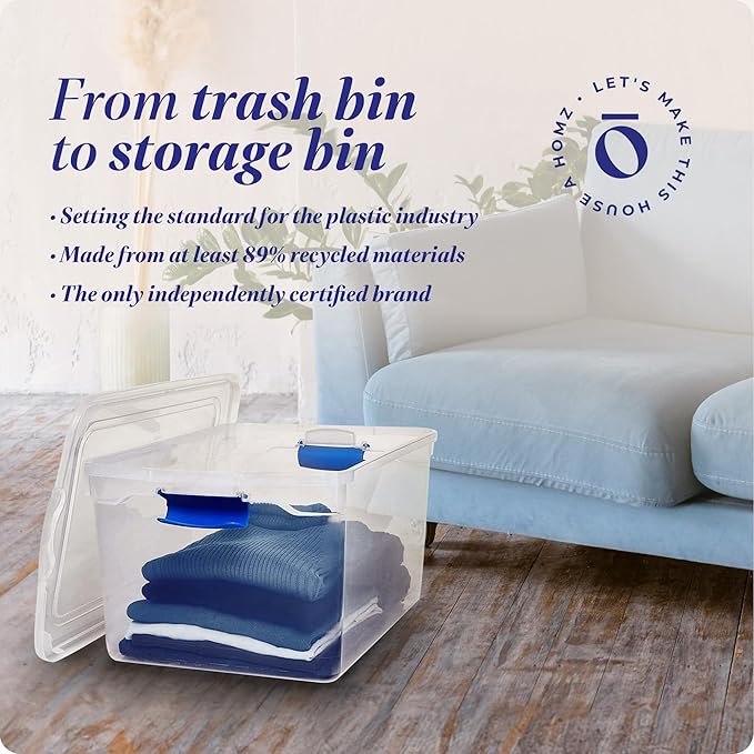 HOMZ 2-Pack Latching Lid, Large Clear Plastic Storage Bins with Lids, 66 Quart, Blue Latch - Stackable Container Boxes for Ho
