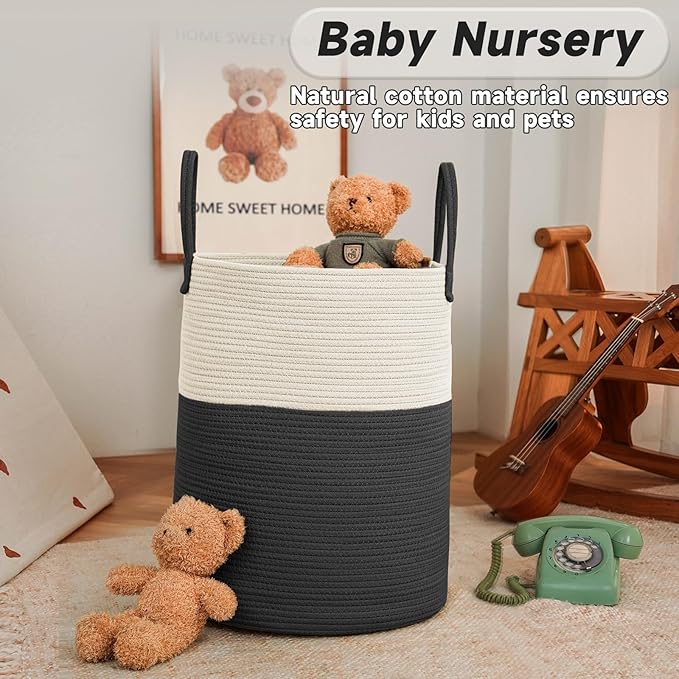 JMvicyroam Large Woven Laundry Basket Hamper,80L Cotton Rope Storage Bin for Blankets,Toys and Clothes,Decorative Tall Nurser