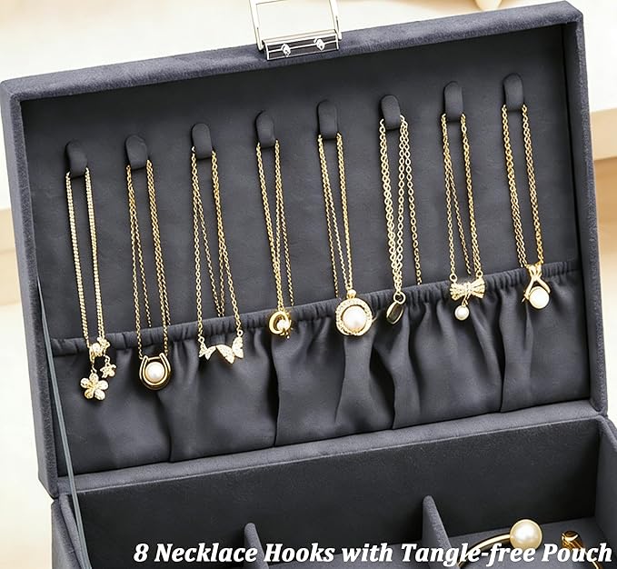 QBestry 3-Layer Jewelry Box for Women with Lock and Key & Drawer, Large Jewelry Organizer with 8 Necklace Hooks & 56 Earring 