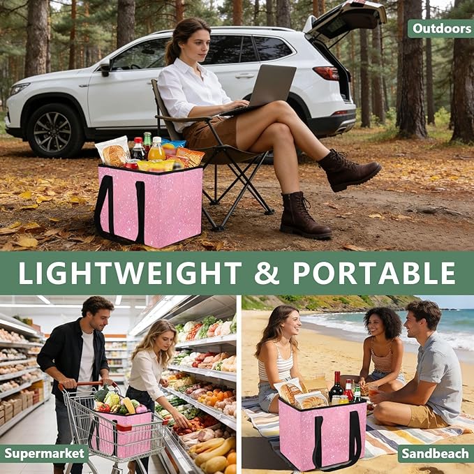 Glitter Blush Pink Reusable Grocery Bags Large Shopping Tote Bag with Reinforced Bottom Board, Water Resistant Foldable Stora