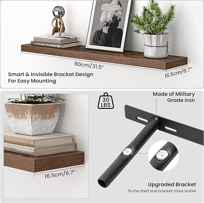 Heimlove Floating Shelves for Wall 32 Inch,Mounted Storage Wood Shelves with Invisible Brackets Hanging Shelf for Bedroom Liv