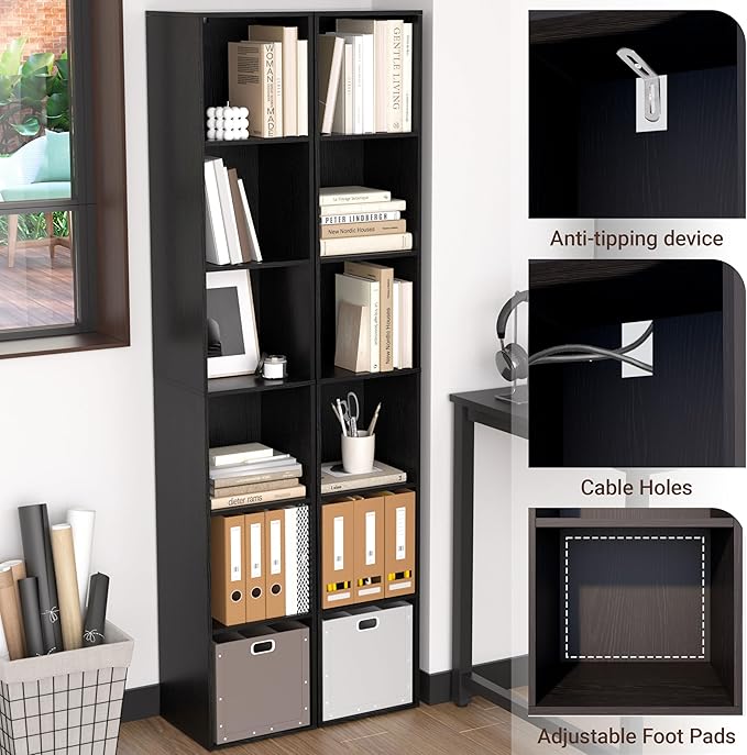5 Cube Storage Organizer, Narrow Open Shelf Bookcase, Freestanding Low Display Bookshelf with Eco-Friendly Melamine Surface f