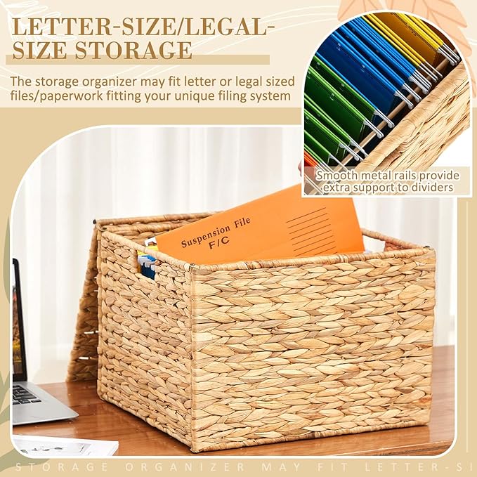 Jingmore 1 Pack Large Decorative File Box Water Hyacinth Letter/Legal Size File Organizer with Lid Collapsible Hand Woven Fil