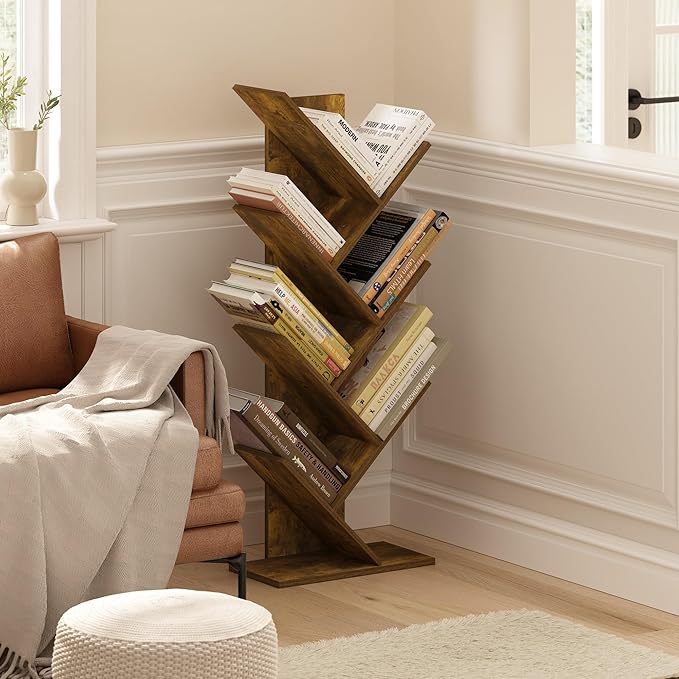 Furinno Tree Book Shelf, 7-Tier Bookshelf with Angled Open Shelf, Tree Bookcase for Room Decor, 8.4 x 15.7 x 39.4, for Organi