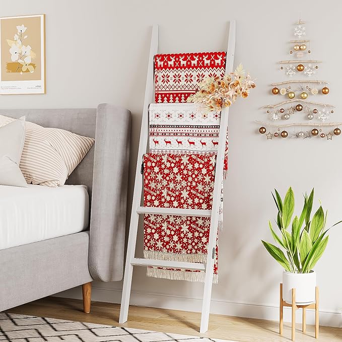 Bamboo Towel Rack 5-Tier Blanket Ladder for Living Room, Bedroom, Bathroom Space-Saving Decorative Ladder for Quilts, Towels 