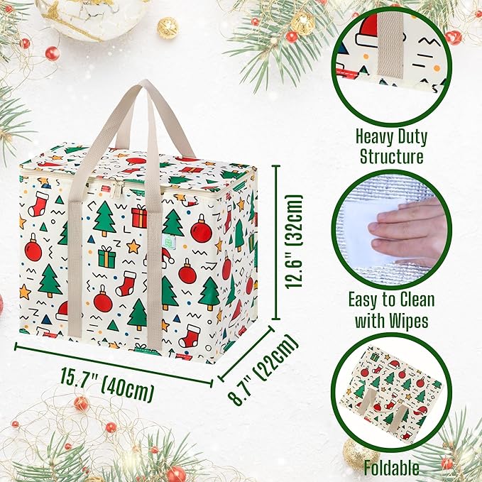 VENO 2 Pack Insulated Cooler Bag for Food Delivery, Reusable Grocery Shopping Bag, Heavy Duty, Large Size, Durable Handles, Double Zippers, Lid, Collapsible (Jingle Mix, 2 Pack)