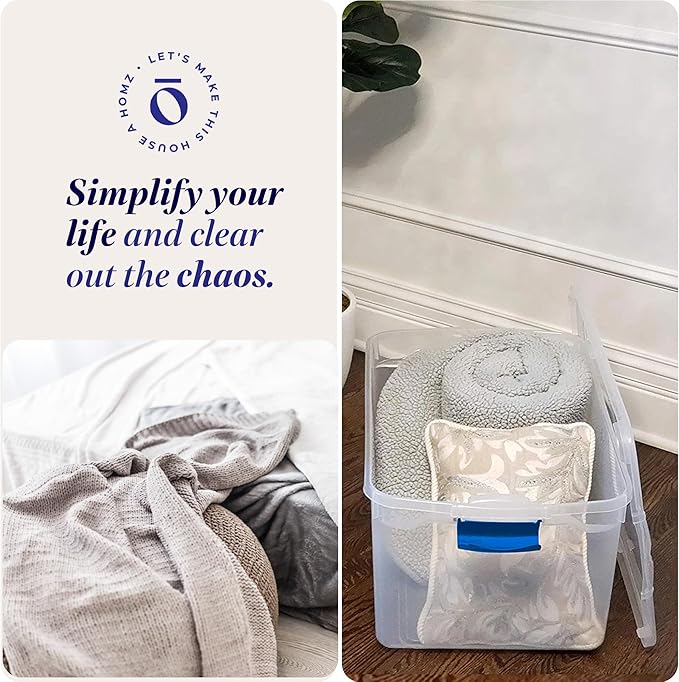 HOMZ 2-Pack Latching Lid, Large Clear Plastic Storage Bins with Lids, 66 Quart, Blue Latch - Stackable Container Boxes for Ho