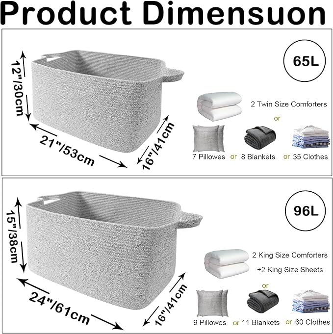 96L Large Blanket Basket,24"x16"x15"Rectangle Storage Bin with Handles,Woven Rope Laundry Basket for Toys, Clothes,Magazines,