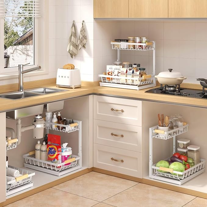Sevenblue 2 Packs Under Sink Organizer, Height Adjustable 2 Tier Under Kitchen Sink Organizer, Multi-Purpose Storage Shelf fo