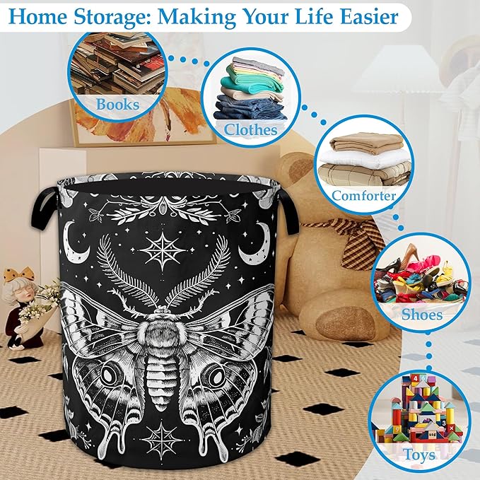 Butterfly Moon Laundry Basket Collapsible Laundry Hamper with Handle, Oxford Clothes Toy Storage Bin for Bathroom Bedroom Roo