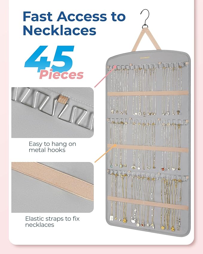 BAGSMART Hanging Jewelry Organizer, Necklace Holder Anti-tangle Earrings Rings Hanger with Pockets Hang on Closet, Wall, Door
