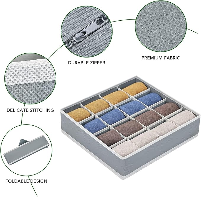 Joyoldelf Sock Drawer Organizer Divider Underwear Organizer 16-cell Fabric Dresser Drawer Organizers Storage Boxes for Socks 