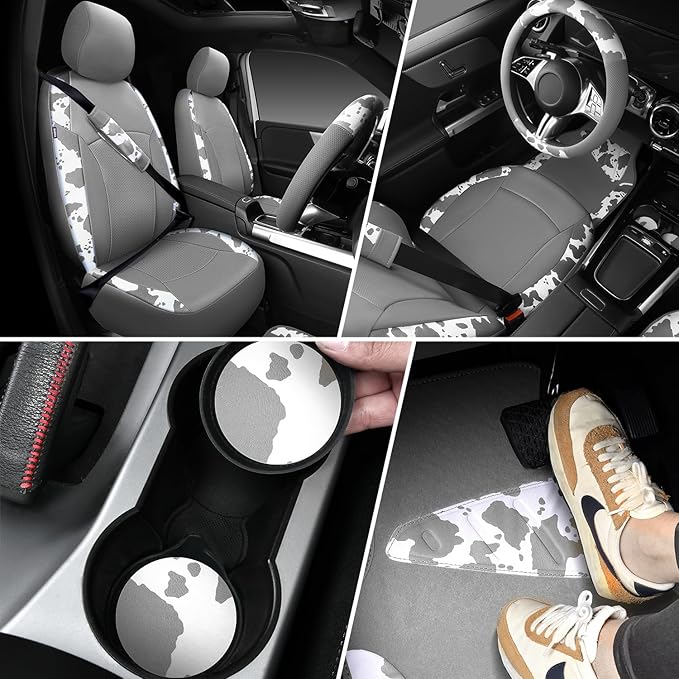 CAR PASS Cow Print Faux Leather Car Seat Covers & Cow Car Mats & Cow Steering Wheel Cover Seat Belt Pads Universal fit for SU