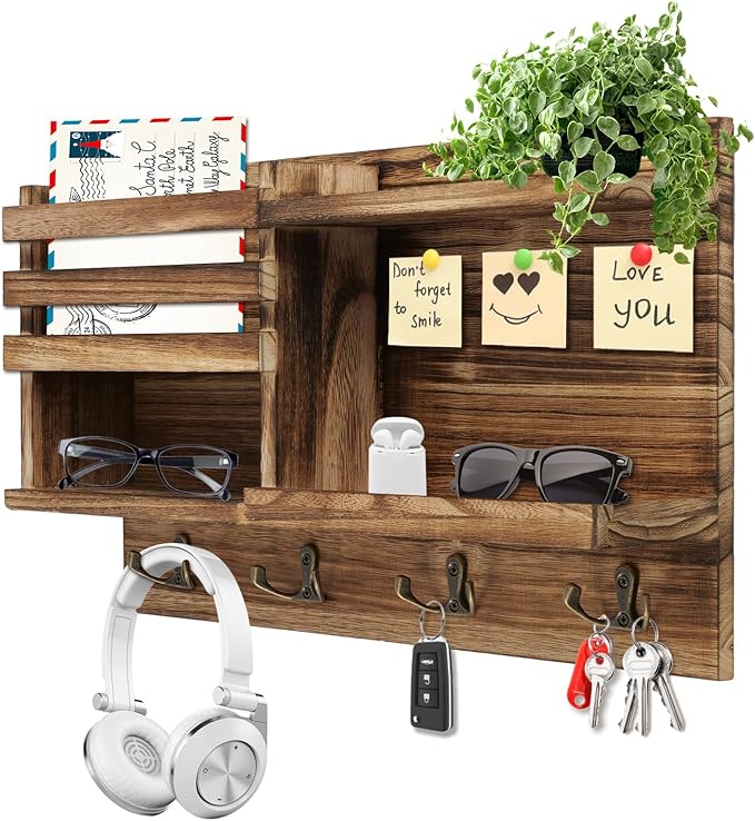 Key Holder Wall Mount, Solid Wood Key and Mail Organizer for Wall(Self Adhesive or Drill), 8 Hooks Key Rack for Entryway Hall
