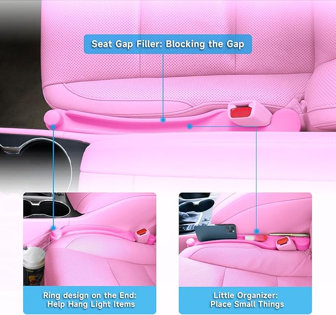 Car Seat Gap Filler Set of 2, 3IN1 Seat Side Gap Filler Plug with Storage Slot & Hook Function, Soft Foam Universal Fit Car SUV Truck Fill Gap Between Seats Console Organizer (Narrow Pink)