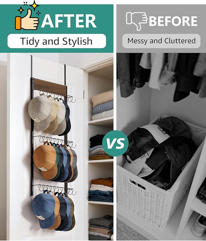 FANGSUN 3-Tier Over the Door Hat Rack with 30 Movable Hooks – Wall Mounted Hat Organizer for Baseball Cap Storage, Cap Holder