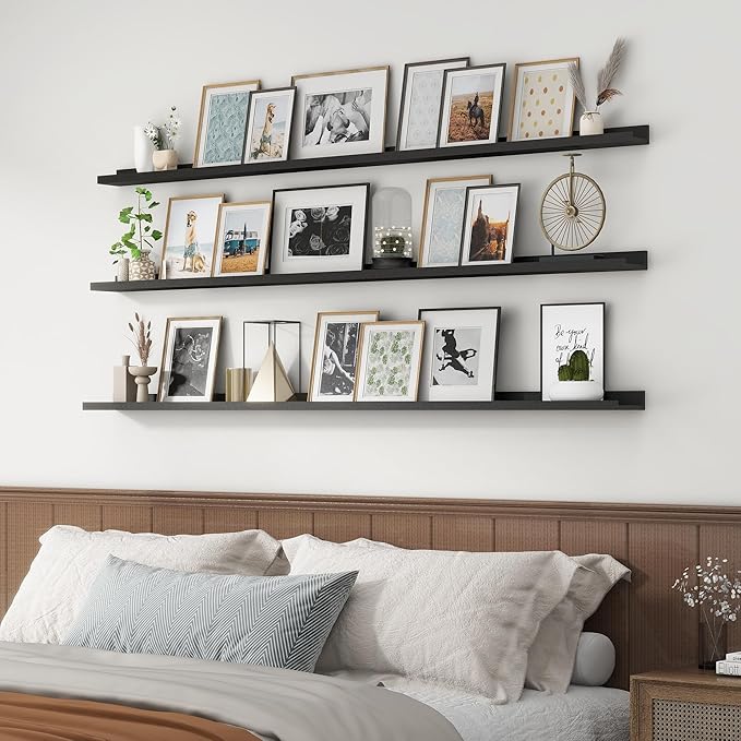 Axeman 72 Inch Floating Shelves | Black Picture Ledge Shelf Set of 3 | Rustic Wood Wall Shelves with Lip | 72" Black Picture 