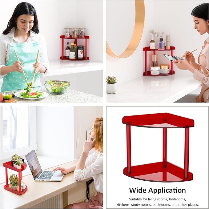 Sezanrpt 2 Tier Countertop Corner Organizer Shelf 7x7x8 Inch, Red Acrylic Bathroom Corner Shelf for Countertop, Vanity Storag