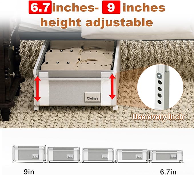2Pack Under Bed Storage with Wheels,6.7"-9" Adjustable Height Underbed Storage,Under Bed Storage Containers,Rolling Under Bed