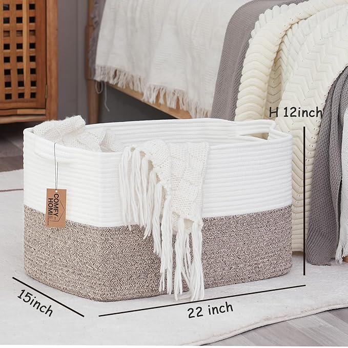 COMFY-HOMI Large Laundry for Organizing|Rectangle Cotton Rope Storage with Handles|Blanket for Living Room|Woven Laundry for 