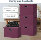 Graciadeco Large 17" 36 Quart Collapsible Stackable Storage Bins with Lids, 3 Packs Purple Linen Fabric Closet Boxes with Lid