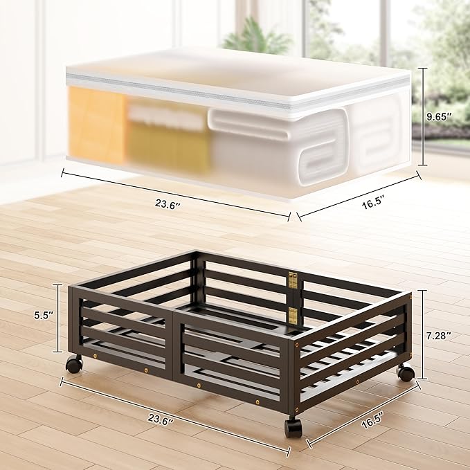 Under Bed Storage Containers With Wheels - 2 Pcs Bamboo Wood Rolling Underbed Shoe Storage Bins With Dust Bags for Clothes Bl