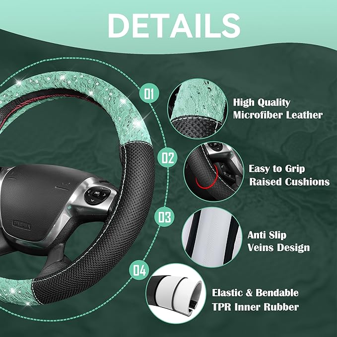 CAR PASS Universal Mint Leather Lace Car Seat Covers Full Set for Women Girls, Waterproof Car Floor Mats Carpet, Glitter Stee