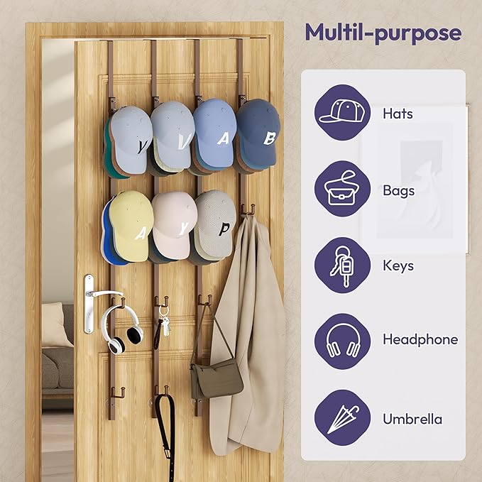 SWTYMIKI Over Door Hat Organizer - 4 Packs Metal Hanging Hat Rack with 16 Hooks Design, Baseball Cap Hanger Organizer Storage