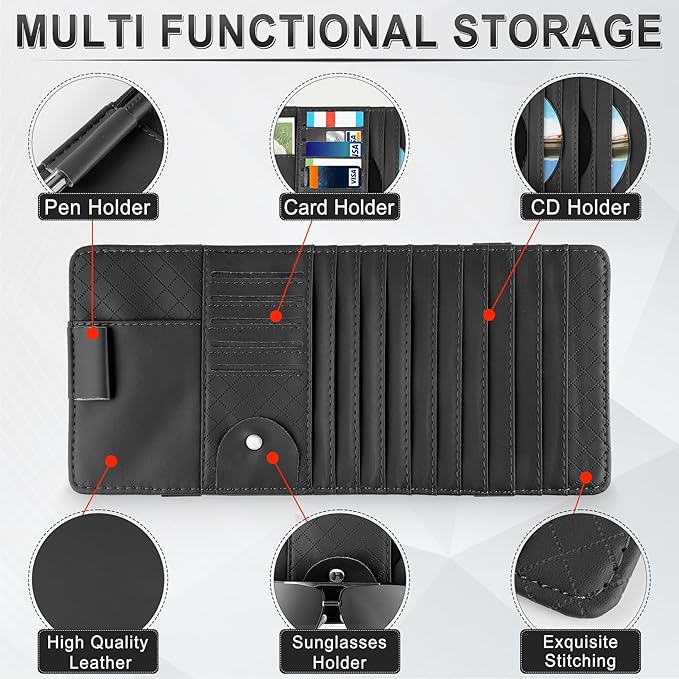 alpmosn Sun Visor CD Case Holder for Car - Multi-Function Visor Organizer with CD/DVD Storage, Eyeglass Clip, Card Slots & Pen Holder, Durable Leather Car Accessories (Black)