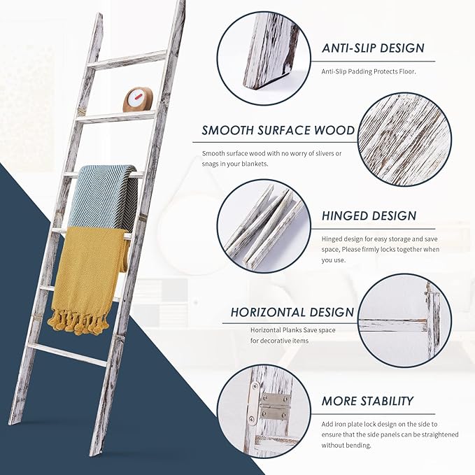 6-Tier Blanket Ladder Wooden, 5.7FT(66.5'') Blanket Quilt Towel Holder Rack Decorative Ladder, Easy Assembly, Rustic Farmhous