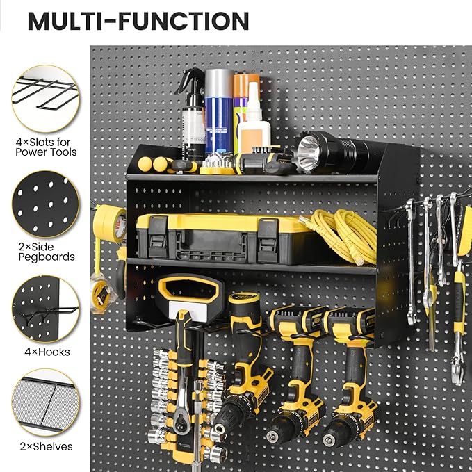 TRZZ Power Tool Organizer Wall Mount, 3-Layer Drill Holder with 2 Side Pegboards, Cordless Drill Rack with 4 Hooks, Efficient