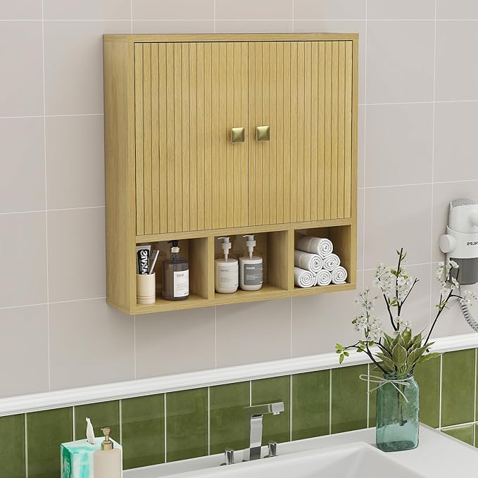 Bathroom Wall Cabinet,Wooden Medicine Cabinet with Fluted Doors Over The Toilet Storage Cabinet with Adjustable Shelf for Bat
