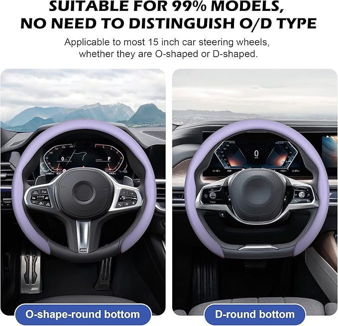 Frani Nappa Leather Steering Wheel Cover,Universal Fit 15 Inch-Premium Non-Slip Breathable Comfort Grip for Cars Trucks SUVs,Anti-Slip Durable Interior Upgrade Light Purple