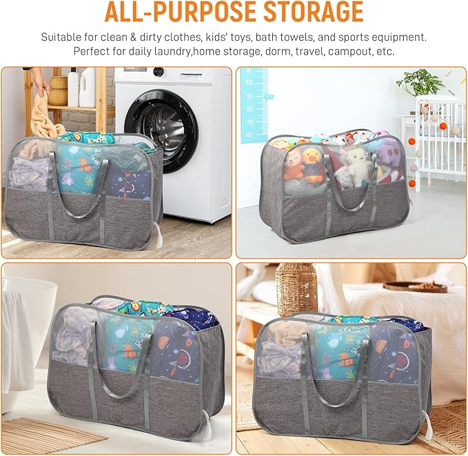 Collapsible Laundry Baskets with 3 Compartment, 150L Tear-proof Pop Up Hamper, Foldable Laundry Basket with Tote Handles, Dir