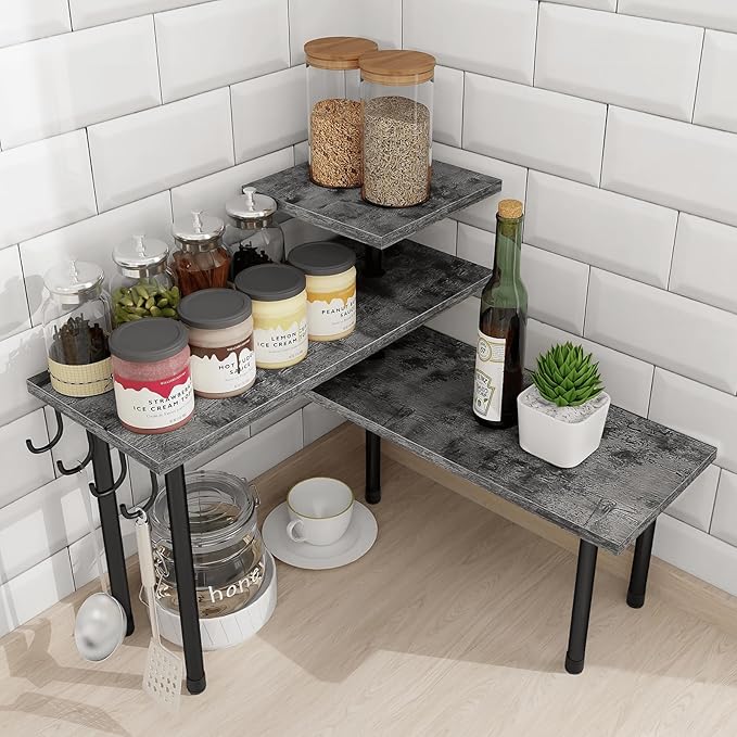 Homode Kitchen Countertop Organizer, 3 Tier Corner Shelf Bathroom Counter Organizer, Wooden Counter Shelf Stand Space Saver, 
