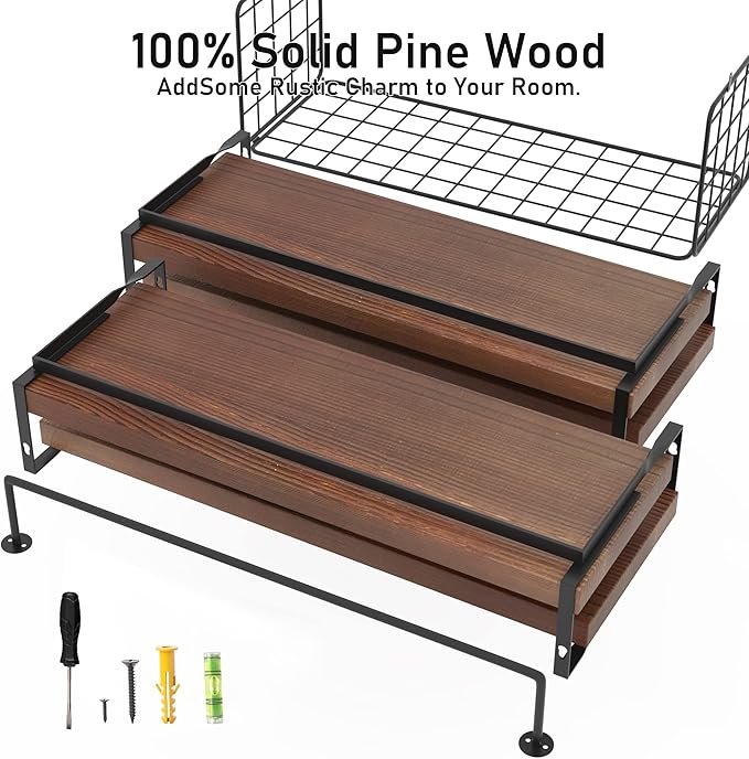 Bathroom Floating Shelves Wall Mounted - 4+1 Tier Rustic Wooden Bathroom Wall Shelves Over Toilet with Wire Storage Basket&To