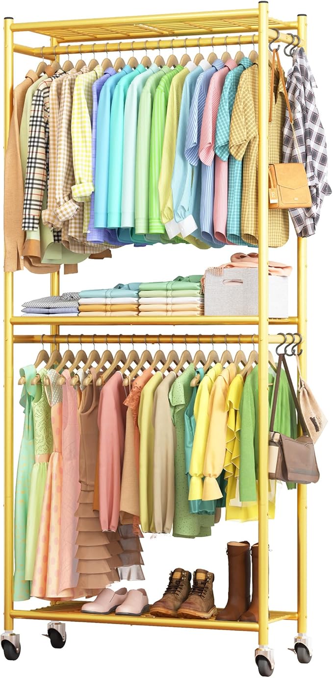 Sakugi Clothes Rack - 33.0" x 12.2" x 79.5" Clothing Rack with Shelves & Wheels, Multi-Functional Wardrobe Closet with Hooks,