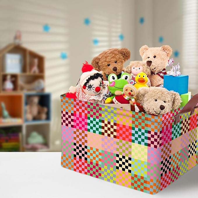 Colorful Checkered Storage Basket Waterproof Canvas Toy Storage Bin Checkered Home Decor Collapsible Outdoor Basket with Leat