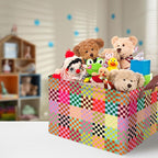 Colorful Checkered Storage Basket Waterproof Canvas Toy Storage Bin Checkered Home Decor Collapsible Outdoor Basket with Leat