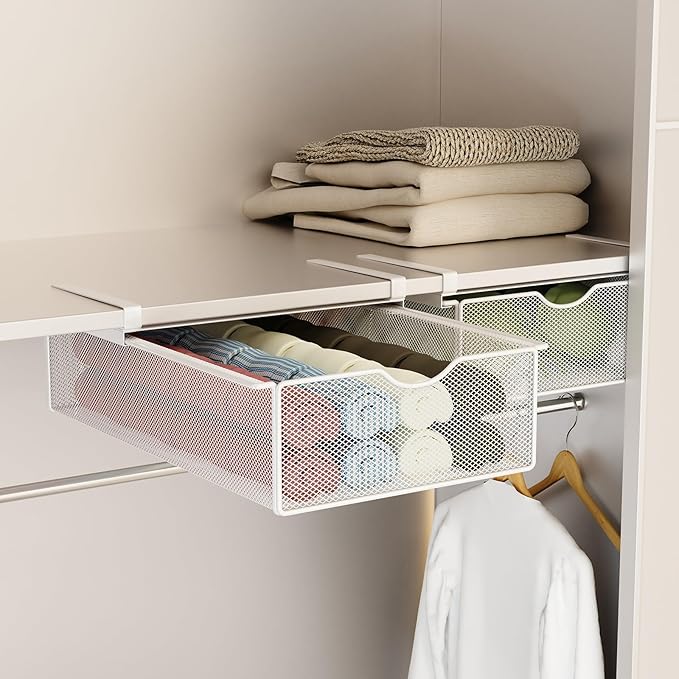 2 Pack Closet Pull-Out Baskets Bra Underwear and Sock Organizer for Drawer Women College Dorm Room Essentials (White)