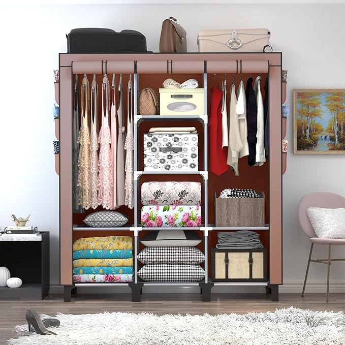 Portable Wardrobe with 10 Storage Racks and 2 Hanging Poles 6 Side Pockets Fleece Cover, Size 130 x 45 x 172 cm, Bedroom Clos