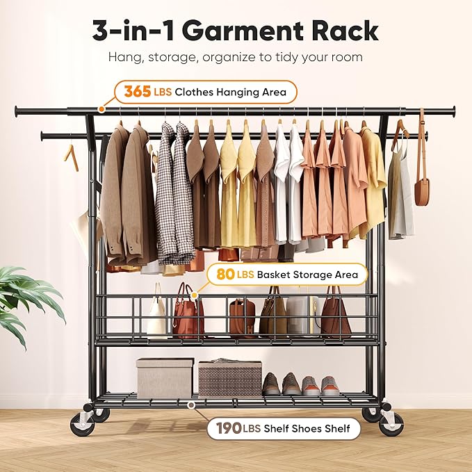 HOKEEPER Heavy Duty Clothes Rack Load 635 LBS, Clothing Rack for Hanging Clothes, Adjustable Black Double Rod with Metal Bask