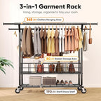 HOKEEPER Heavy Duty Clothes Rack Load 635 LBS, Clothing Rack for Hanging Clothes, Adjustable Black Double Rod with Metal Bask