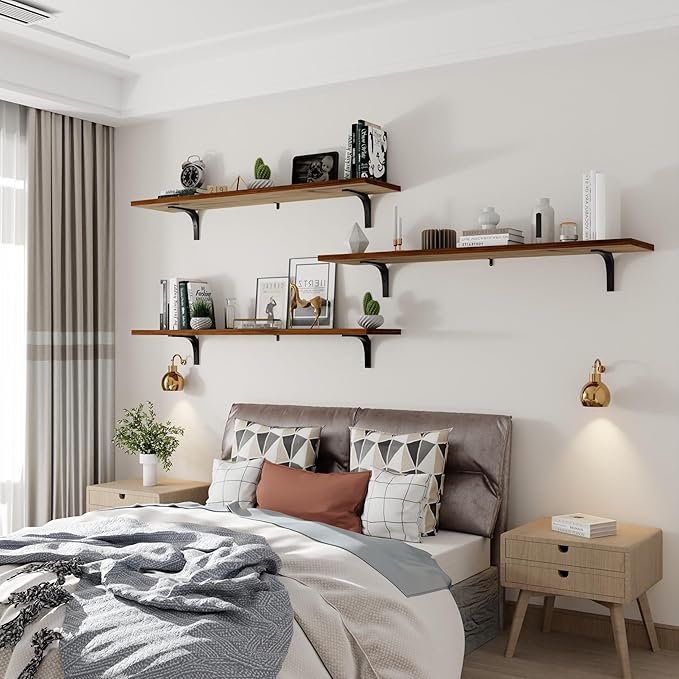 12 Inch Deep Floating Shelves Set of 3, 48 Inch Extra Wide Rustic Walnut Solid Wood Wall Shelves, 4ft Heavy Duty Farmhouse Wa