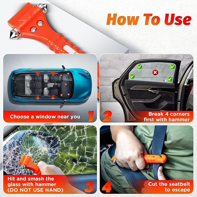 IPOW 4 Pack Car Window Breaker Seatbelt Cutter, Heavy Carbon Steel Glass Breaker Car Safety Hammer Emergency Escape Tool, Aut